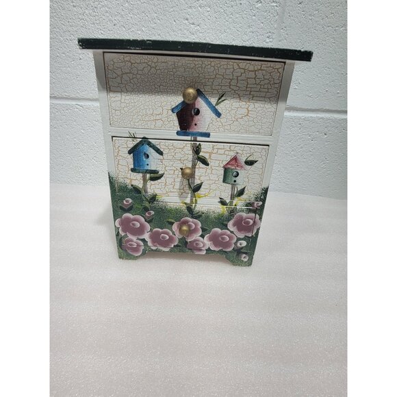 Cottage Core Painted Jewelry Chest Drawers Crackle Birds Flowers Butterfly - Picture 1 of 11